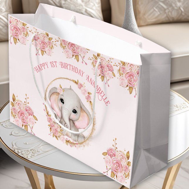 Elephant Girl Pink 1st Birthday Large Gift Bag (Elephant Girl Pink 1st Birthday Large Gift Bag)