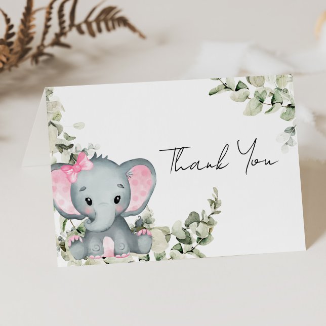 Elephant Girl Pink Baby Shower Thank You Card (elephant girl baby shower thank you)