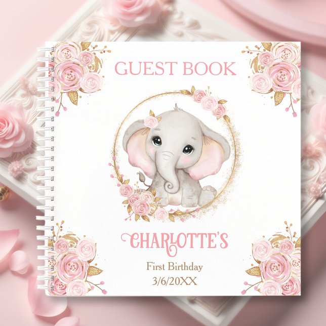Elephant Girl Pink Floral 1st Birthday Guest Book (Elephant Girl Pink Floral 1st Birthday Guest Book)