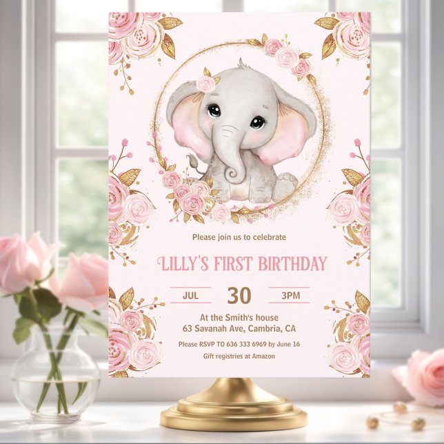 Elephant Girl Pink Floral 1st Birthday Invitation (Elephant Girl Pink Floral 1st Birthday Invitation)