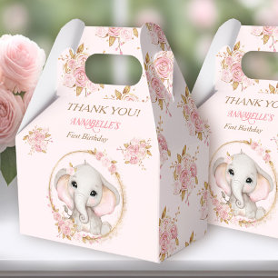 Elephant Girl Pink Gold Floral 1st Birthday Favour Box