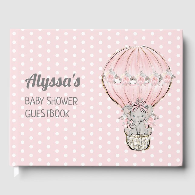 Elephant Girl Pink Hot Air Balloon Baby Shower  Guest Book (Front)