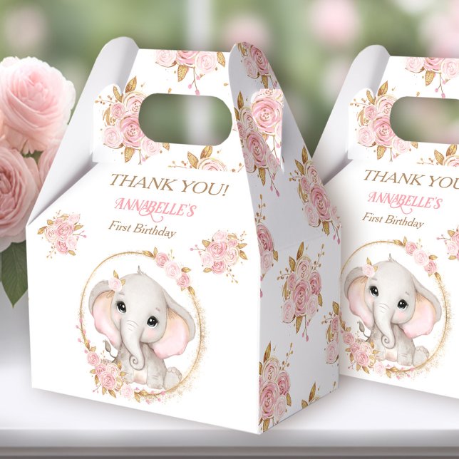 Elephant Girl Pink White Floral 1st Birthday Favour Box (Elephant Girl Pink White Favor Box - You can choose from 3 sizes by clicking on the STYLE dropbox.)