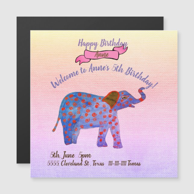 Elephant , Girl's Birthday Party Invitations (Front/Back)