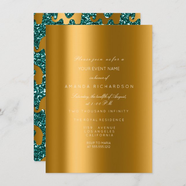 Elephant Glitter Teal Gold Bridal Birthday Party Invitation (Front/Back)