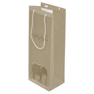Elephant Gold Foil Elegant Sandstone Monogrammed Wine Gift Bag