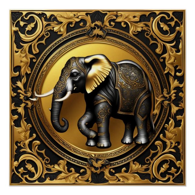 Elephant gold ornamental frame poster (Front)