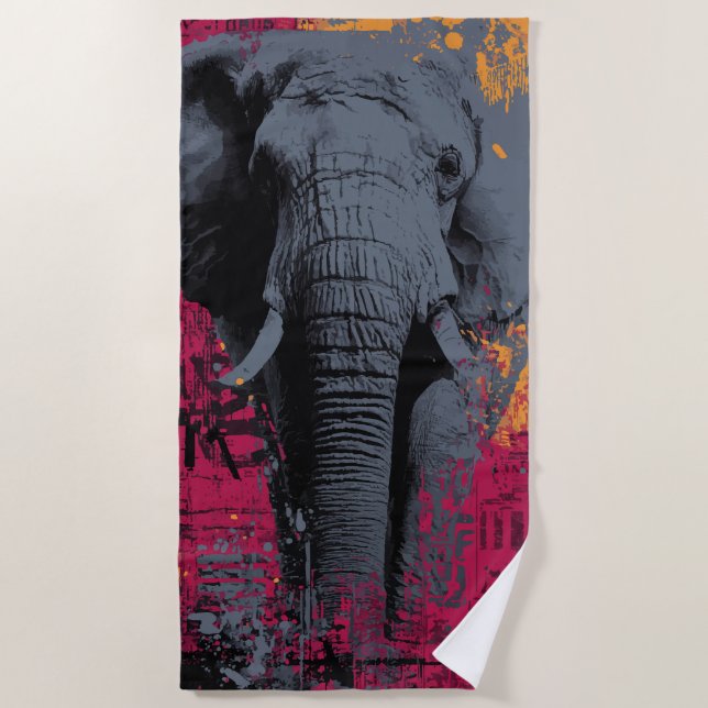 Elephant Graffiti Pop Art Portrait Beach Towel (Front)
