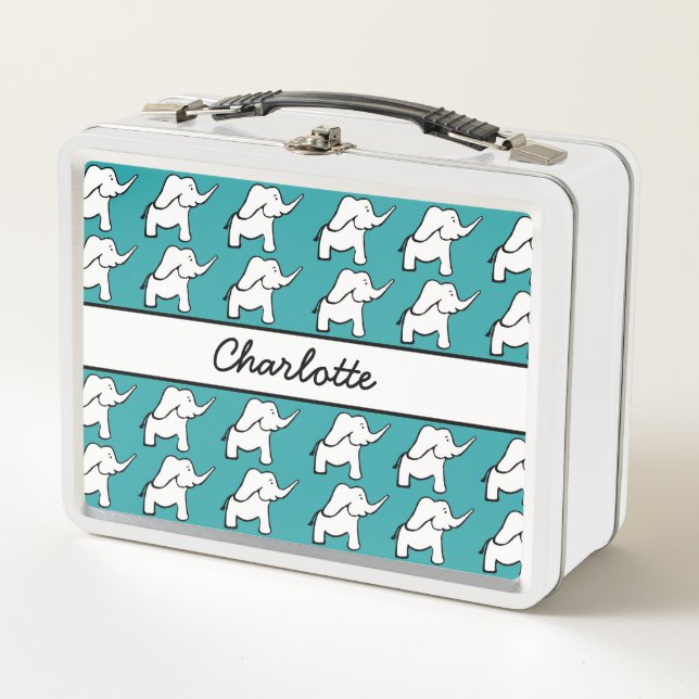 Elephant green and white school metal lunch box (Front)