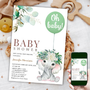 Elephant Green Balloon Gender Neutral Baby Shower Invitation