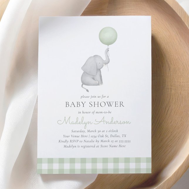 Elephant Green Balloon Gender Neutral Baby Shower Invitation (Creator Uploaded)