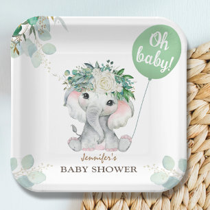 Elephant Green Balloon Gender Neutral Baby Shower  Paper Plate