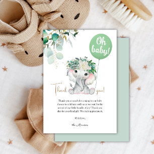 Elephant Green Balloon Greenery Baby Shower Thank You Card