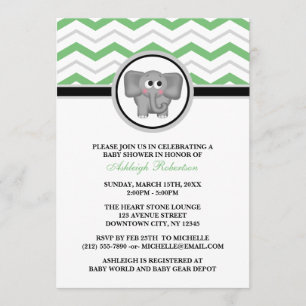 Elephant Green Grey Chevron Baby Shower Invitation