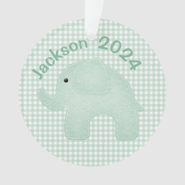 Elephant Green Plaid Gingham Personalised Nursery  Ornament (Front)