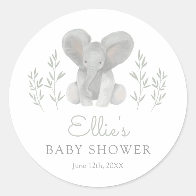Elephant Greenery Baby Shower Classic Round Sticker (Front)