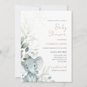 Elephant Greenery Baby Shower Invitation