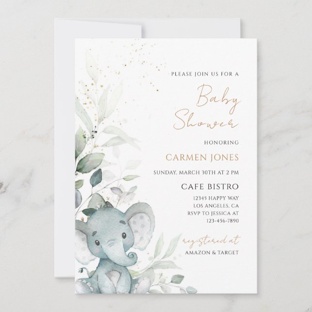 Elephant Greenery Baby Shower Invitation (Front)