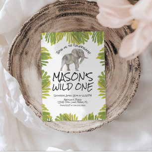 Elephant Greenery First Birthday Invitation