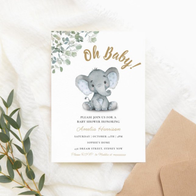 Elephant Greenery  Gender Neutral Baby Shower Invitation (Creator Uploaded)