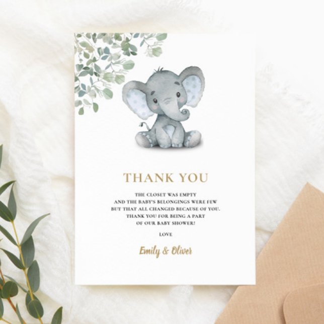 Elephant Greenery Gender Neutral Baby Shower Thank You Card (Creator Uploaded)
