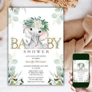 Elephant Greenery Gender Neutral Green Baby Shower Invitation