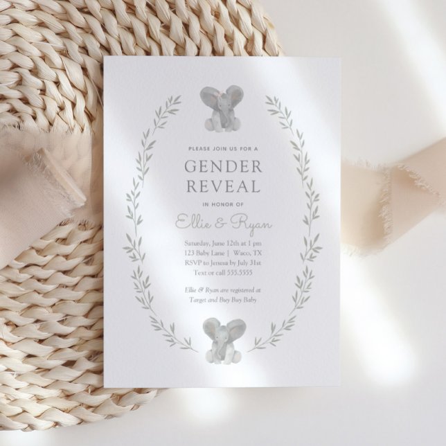 Elephant Greenery Gender Reveal Party Invitation (Creator Uploaded)
