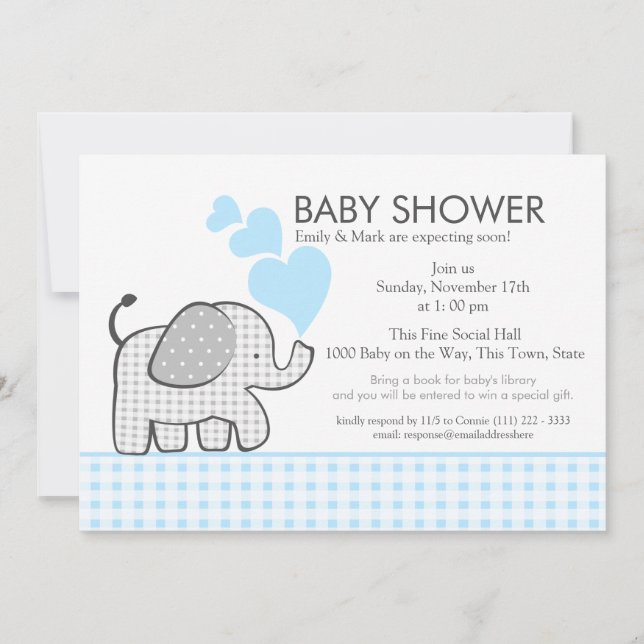Elephant Grey Gingham Baby Shower Invitation (Front)