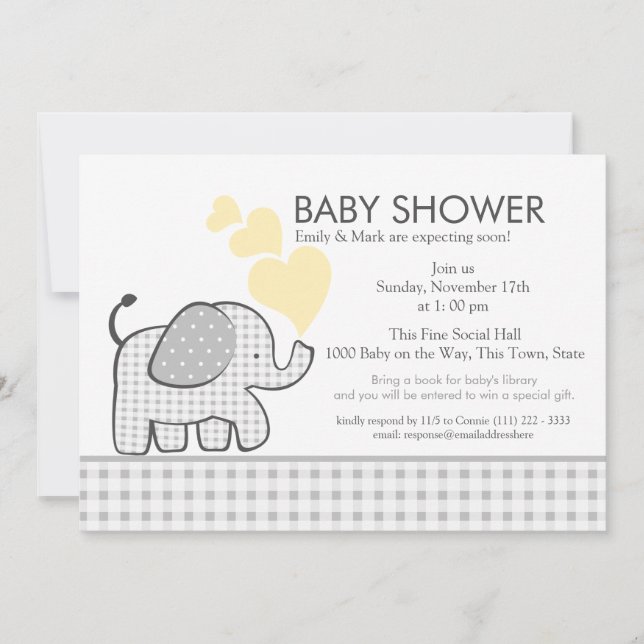 Elephant Grey Gingham Baby Shower Invitation (Front)