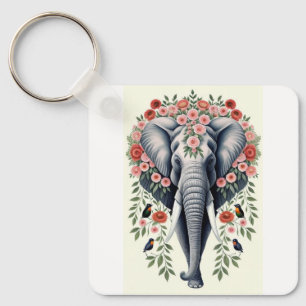 Elephant Head And Flowers  Key Ring