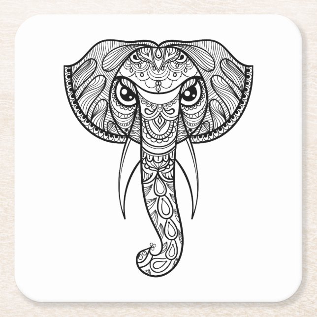 Elephant Head Doodle Square Paper Coaster (Front)