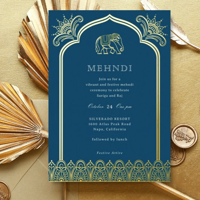 Elephant & Henna Design Pattern Indian Mehndi Gold (Blue Indian wedding Mehndi invitation, elephant and lotus flower, hindu wedding invitation card)