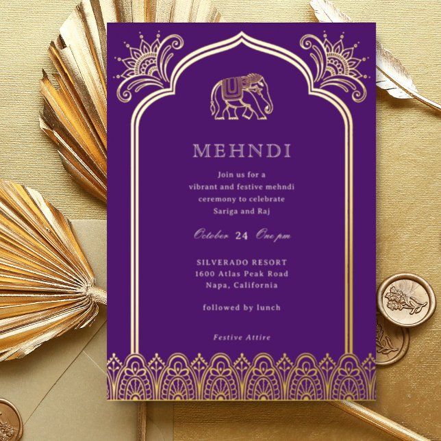 Elephant & Henna Design Pattern Indian Mehndi Gold (Purple Indian wedding Mehndi invitation, elephant and lotus flower, hindu wedding invitation card)