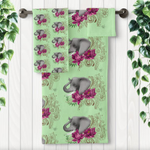 Elephant Henna Lotus Flowers Bath Towel Set