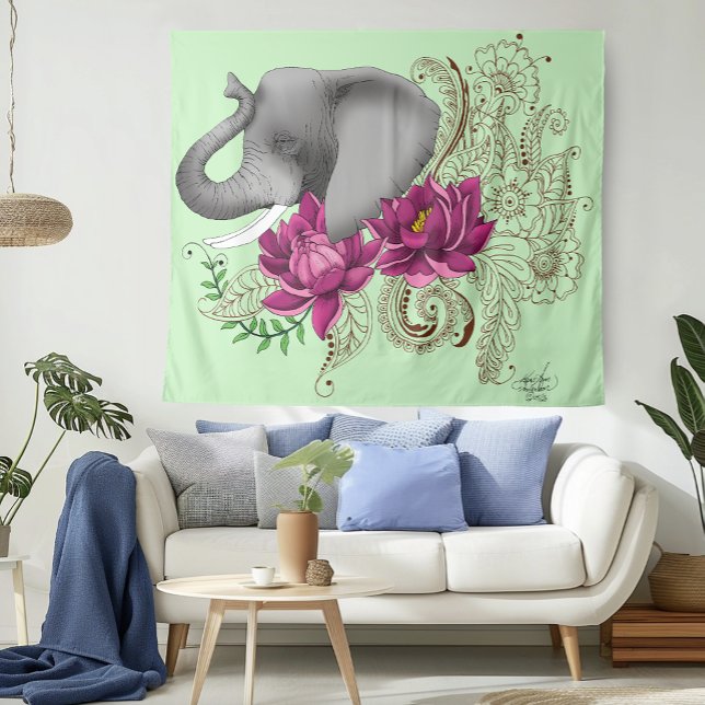 Elephant Henna Lotus Flowers Tapestry (Creator Uploaded)