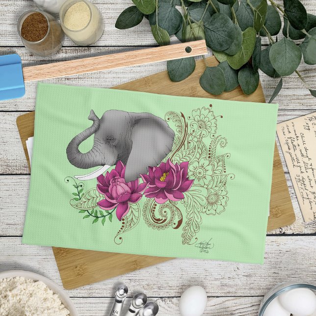 Elephant Henna Lotus Flowers  Tea Towel (Creator Uploaded)