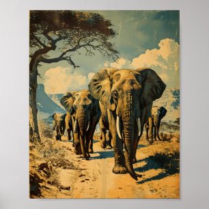 Elephant herd Vintage Poster