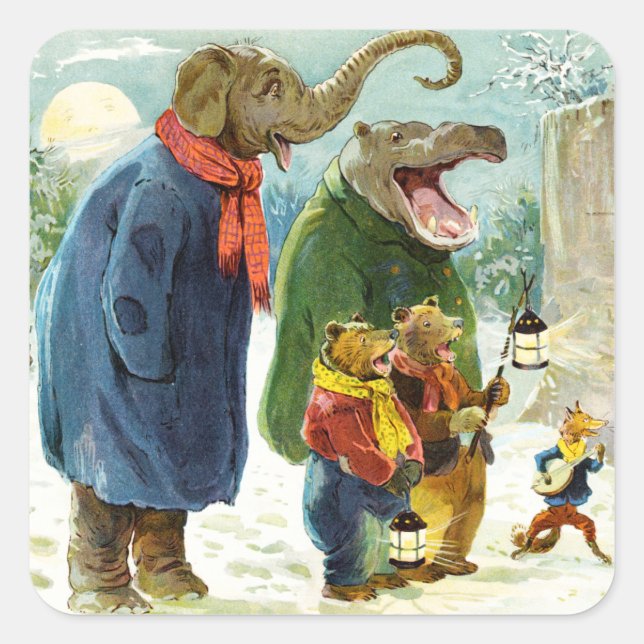 Elephant, Hippopotamus & Bears Go Caroling Square Sticker (Front)