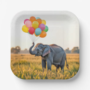 Elephant Holding A Birthday Balloon Bouquet Paper Plate