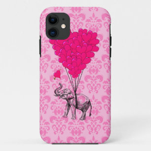 Elephant holding heart on pink damask Case-Mate iPhone case