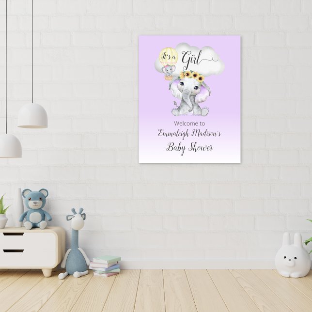 Elephant Hot Air Balloon Baby Girl Purple Welcome Poster (Creator Uploaded)