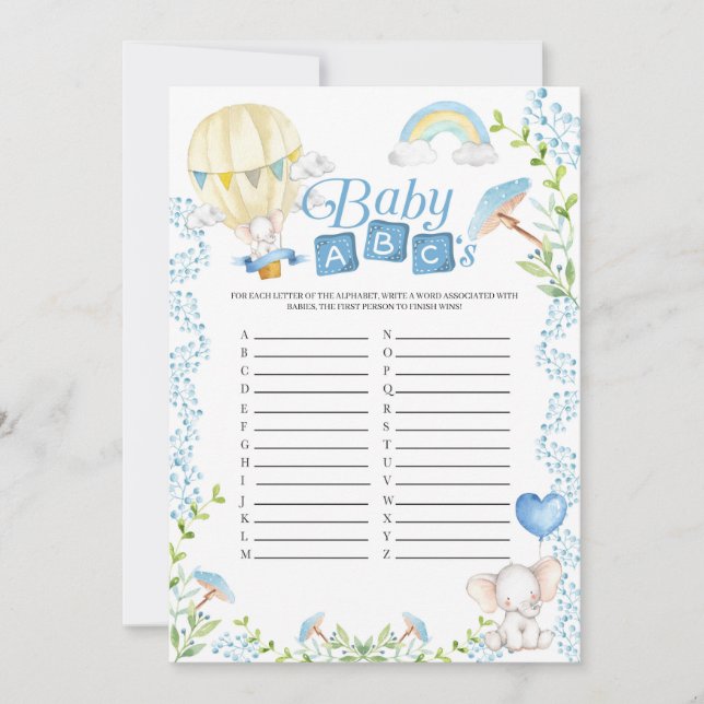 Elephant Hot Air Balloon Baby Shower ABC's Game Invitation (Front)