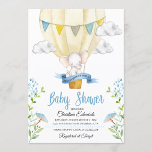 Elephant Hot Air Balloon Baby Shower Invitation