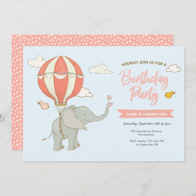 Elephant Hot Air Balloon Birthday Invitation (Front/Back)