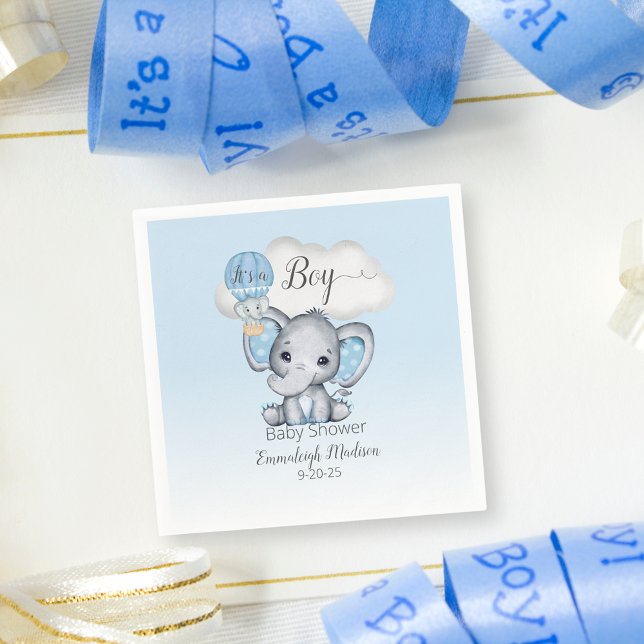 Elephant Hot Air Balloon Blue Baby Shower for Boys Napkin (Creator Uploaded)