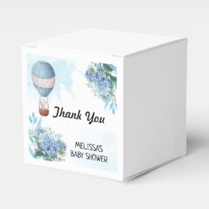 Elephant hot air balloon blue hydrangea thank you favour box