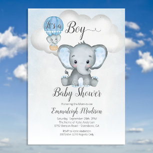 Elephant Hot Air Balloon Boy Baby Shower   Blue In Invitation