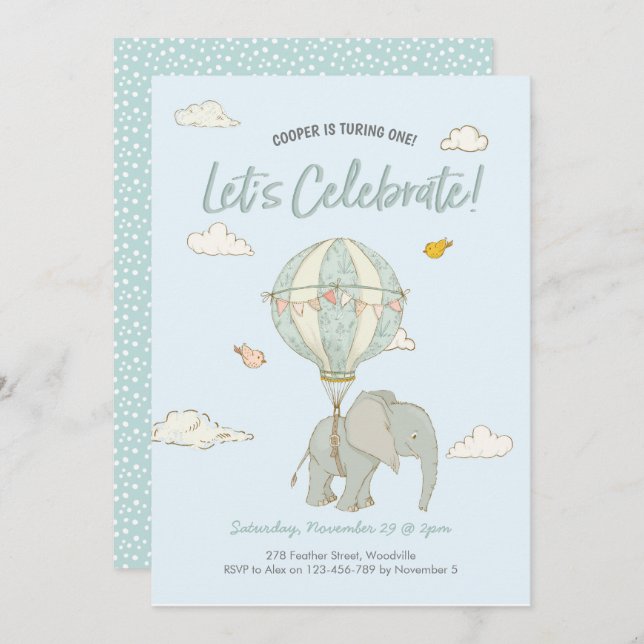 Elephant Hot Air Balloon Boys Birthday Invitation (Front/Back)