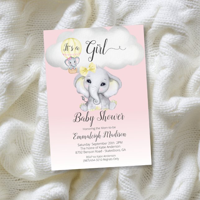Elephant Hot Air Balloon Girl Baby Shower | Pink I Invitation (Creator Uploaded)