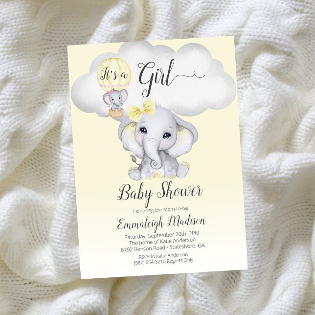 Elephant Hot Air Balloon Girl Baby Shower | Yellow Invitation (Creator Uploaded)